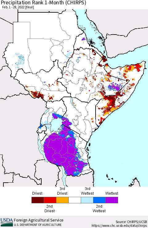 Eastern Africa Precipitation Rank 1-Month (CHIRPS) Thematic Map For 2/1/2022 - 2/28/2022