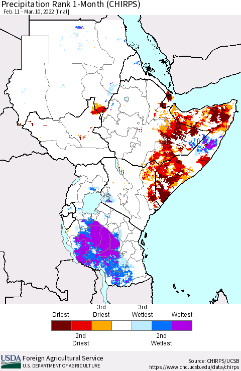 Eastern Africa Precipitation Rank 1-Month (CHIRPS) Thematic Map For 2/11/2022 - 3/10/2022