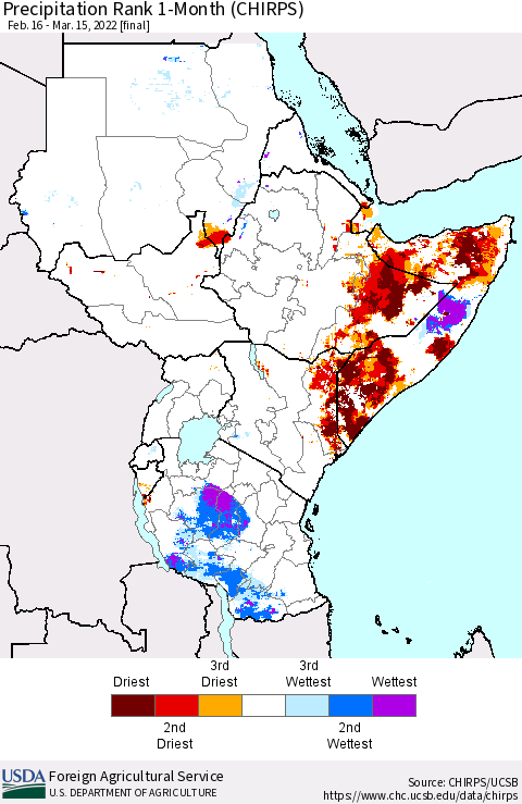 Eastern Africa Precipitation Rank since 1981, 1-Month (CHIRPS) Thematic Map For 2/16/2022 - 3/15/2022