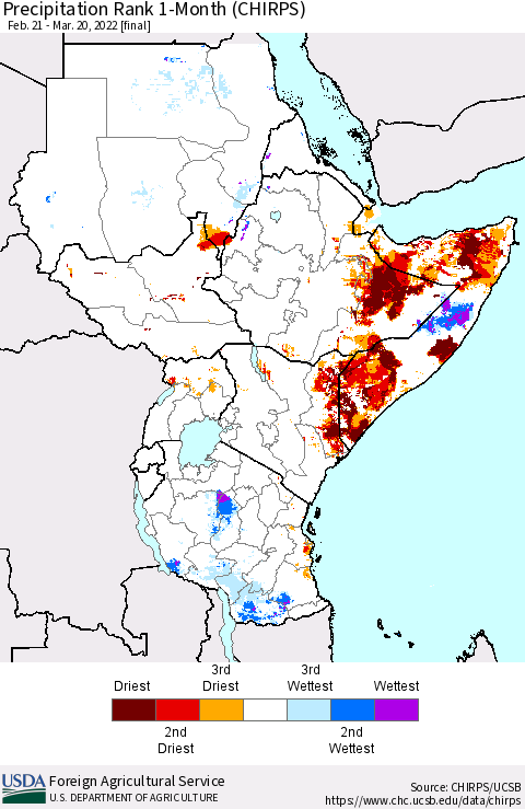 Eastern Africa Precipitation Rank 1-Month (CHIRPS) Thematic Map For 2/21/2022 - 3/20/2022