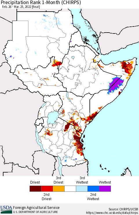 Eastern Africa Precipitation Rank 1-Month (CHIRPS) Thematic Map For 2/26/2022 - 3/25/2022