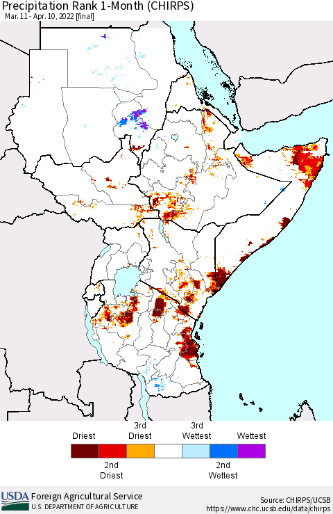 Eastern Africa Precipitation Rank 1-Month (CHIRPS) Thematic Map For 3/11/2022 - 4/10/2022