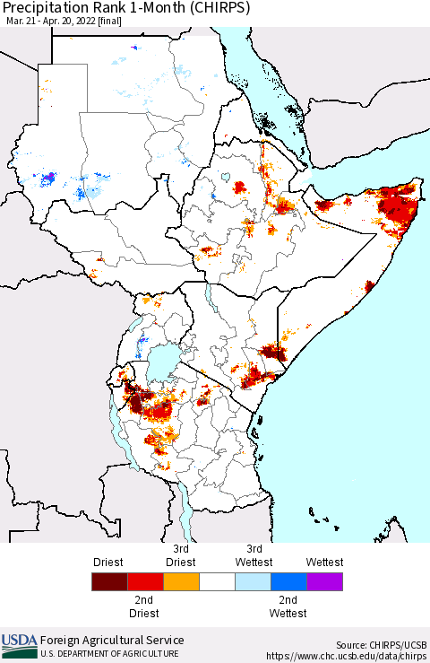 Eastern Africa Precipitation Rank since 1981, 1-Month (CHIRPS) Thematic Map For 3/21/2022 - 4/20/2022