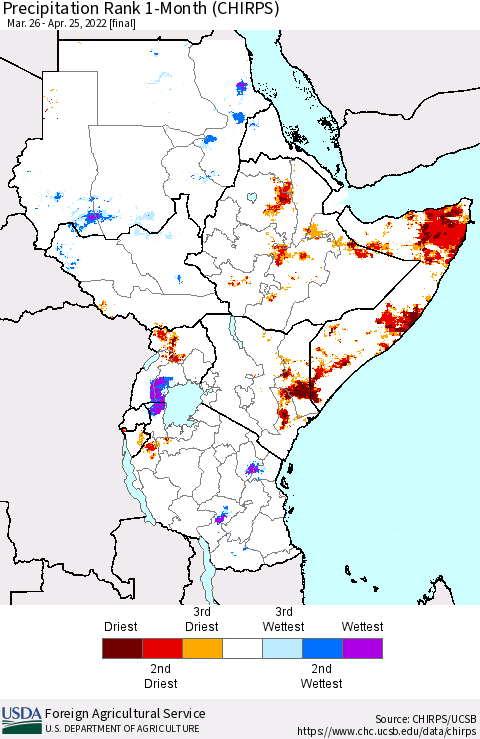 Eastern Africa Precipitation Rank 1-Month (CHIRPS) Thematic Map For 3/26/2022 - 4/25/2022