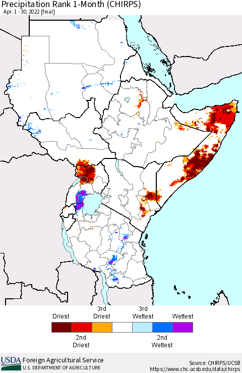 Eastern Africa Precipitation Rank 1-Month (CHIRPS) Thematic Map For 4/1/2022 - 4/30/2022