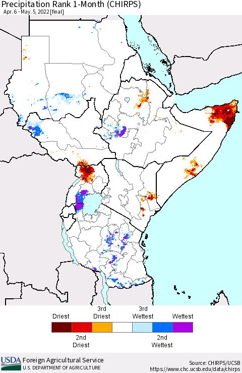 Eastern Africa Precipitation Rank since 1981, 1-Month (CHIRPS) Thematic Map For 4/6/2022 - 5/5/2022