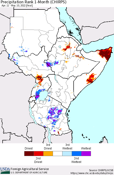 Eastern Africa Precipitation Rank 1-Month (CHIRPS) Thematic Map For 4/11/2022 - 5/10/2022