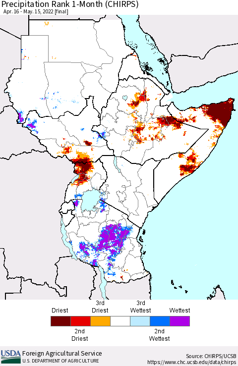 Eastern Africa Precipitation Rank since 1981, 1-Month (CHIRPS) Thematic Map For 4/16/2022 - 5/15/2022