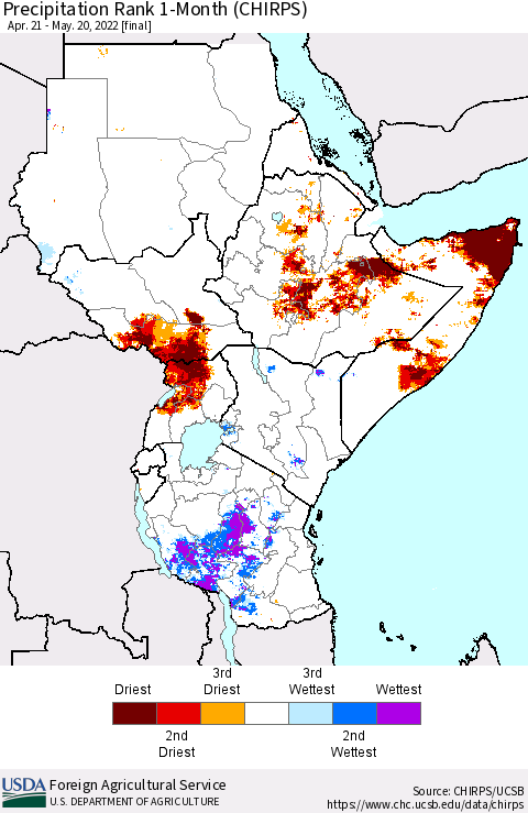Eastern Africa Precipitation Rank 1-Month (CHIRPS) Thematic Map For 4/21/2022 - 5/20/2022