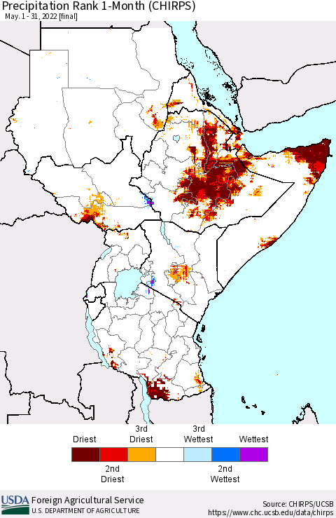 Eastern Africa Precipitation Rank since 1981, 1-Month (CHIRPS) Thematic Map For 5/1/2022 - 5/31/2022