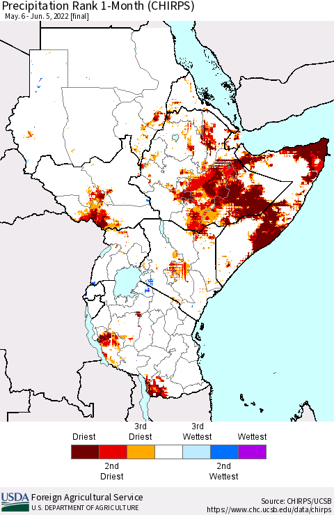 Eastern Africa Precipitation Rank 1-Month (CHIRPS) Thematic Map For 5/6/2022 - 6/5/2022