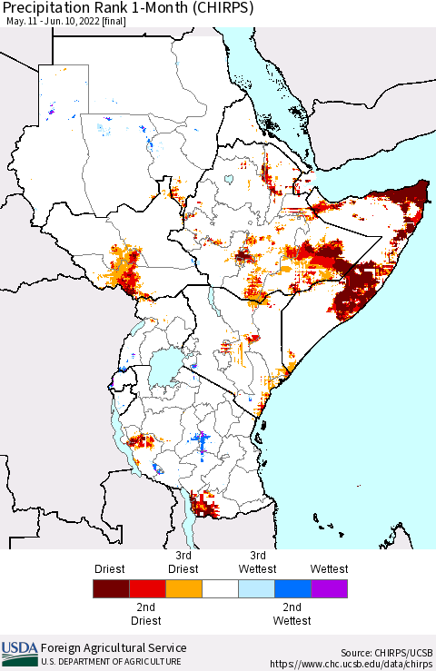 Eastern Africa Precipitation Rank 1-Month (CHIRPS) Thematic Map For 5/11/2022 - 6/10/2022