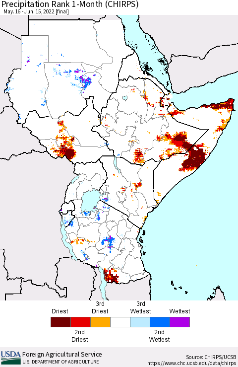 Eastern Africa Precipitation Rank 1-Month (CHIRPS) Thematic Map For 5/16/2022 - 6/15/2022