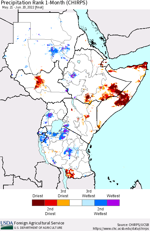 Eastern Africa Precipitation Rank 1-Month (CHIRPS) Thematic Map For 5/21/2022 - 6/20/2022