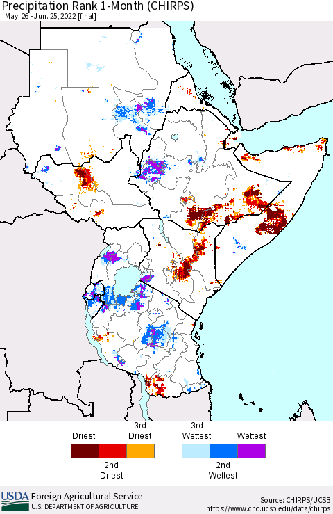 Eastern Africa Precipitation Rank since 1981, 1-Month (CHIRPS) Thematic Map For 5/26/2022 - 6/25/2022
