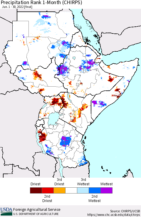Eastern Africa Precipitation Rank since 1981, 1-Month (CHIRPS) Thematic Map For 6/1/2022 - 6/30/2022