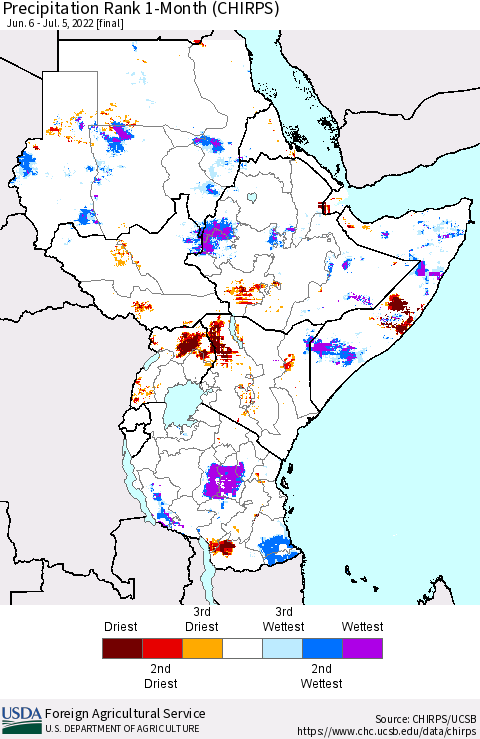 Eastern Africa Precipitation Rank since 1981, 1-Month (CHIRPS) Thematic Map For 6/6/2022 - 7/5/2022