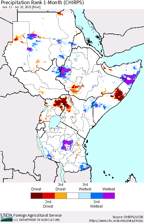 Eastern Africa Precipitation Rank since 1981, 1-Month (CHIRPS) Thematic Map For 6/11/2022 - 7/10/2022