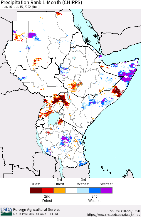 Eastern Africa Precipitation Rank since 1981, 1-Month (CHIRPS) Thematic Map For 6/16/2022 - 7/15/2022