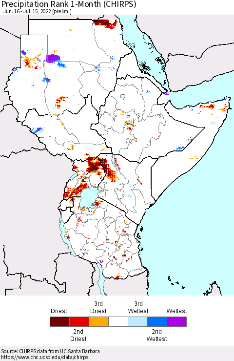 Eastern Africa Precipitation Rank 1-Month (CHIRPS) Thematic Map For 6/16/2022 - 7/15/2022