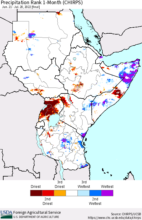 Eastern Africa Precipitation Rank since 1981, 1-Month (CHIRPS) Thematic Map For 6/21/2022 - 7/20/2022