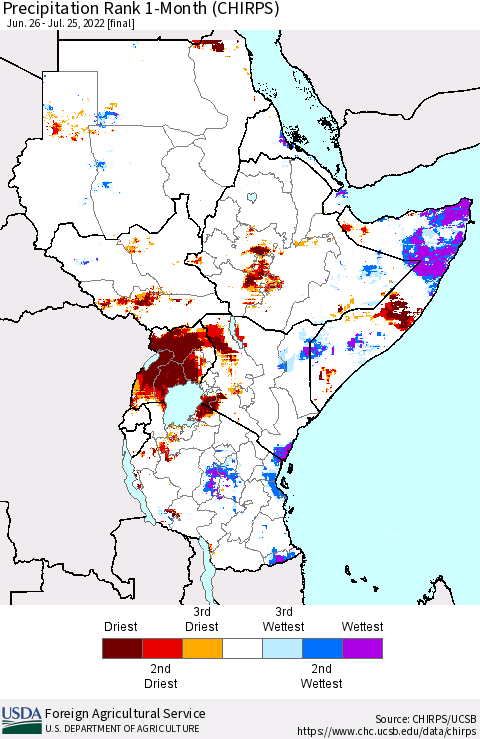 Eastern Africa Precipitation Rank since 1981, 1-Month (CHIRPS) Thematic Map For 6/26/2022 - 7/25/2022