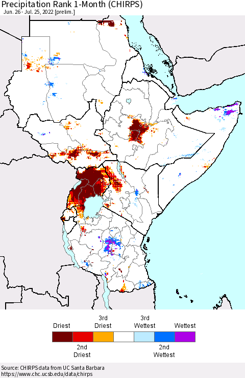 Eastern Africa Precipitation Rank 1-Month (CHIRPS) Thematic Map For 6/26/2022 - 7/25/2022