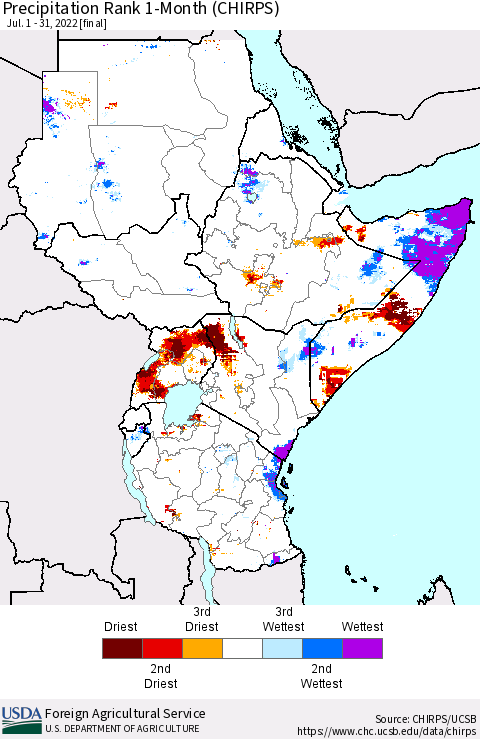 Eastern Africa Precipitation Rank since 1981, 1-Month (CHIRPS) Thematic Map For 7/1/2022 - 7/31/2022