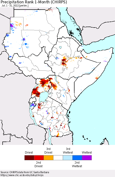 Eastern Africa Precipitation Rank 1-Month (CHIRPS) Thematic Map For 7/1/2022 - 7/31/2022