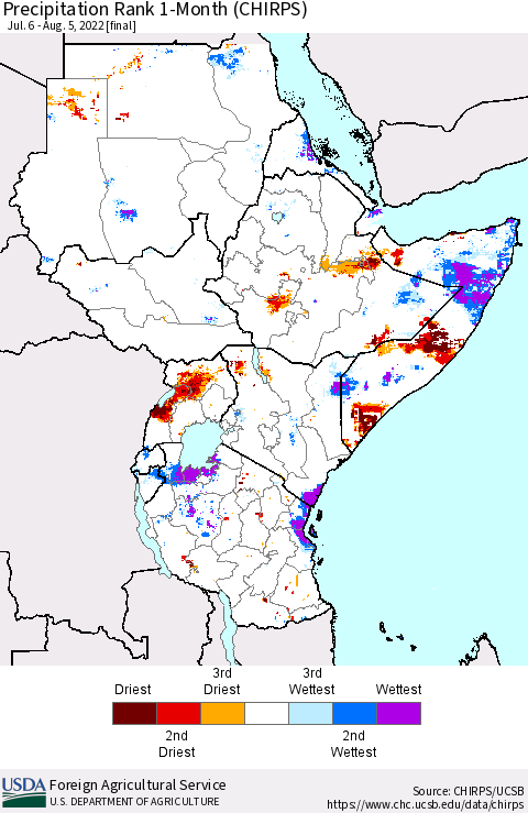 Eastern Africa Precipitation Rank since 1981, 1-Month (CHIRPS) Thematic Map For 7/6/2022 - 8/5/2022