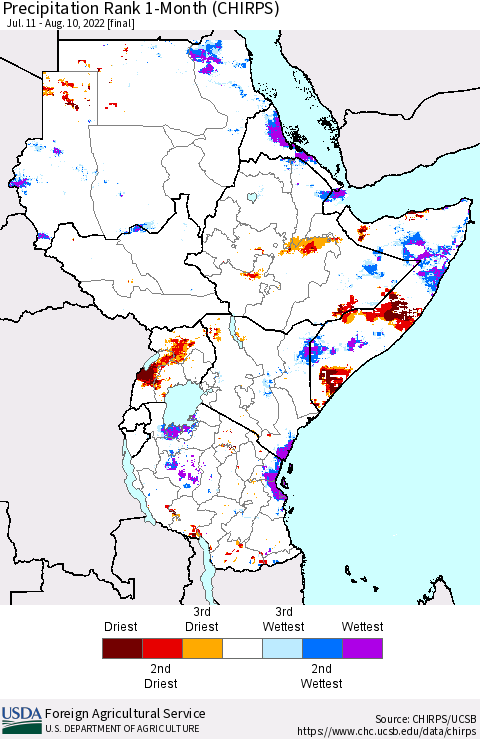 Eastern Africa Precipitation Rank since 1981, 1-Month (CHIRPS) Thematic Map For 7/11/2022 - 8/10/2022