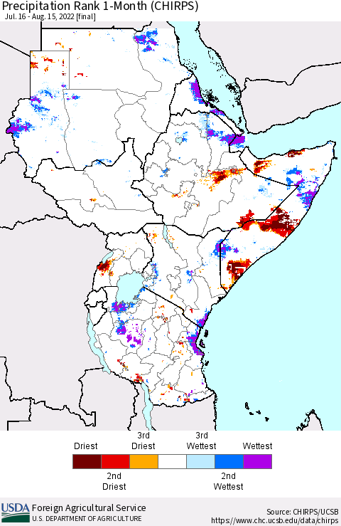 Eastern Africa Precipitation Rank since 1981, 1-Month (CHIRPS) Thematic Map For 7/16/2022 - 8/15/2022