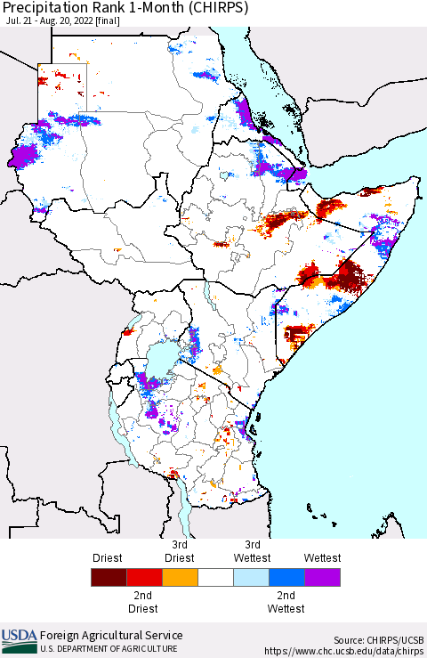 Eastern Africa Precipitation Rank since 1981, 1-Month (CHIRPS) Thematic Map For 7/21/2022 - 8/20/2022