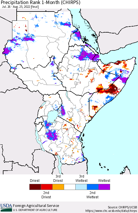 Eastern Africa Precipitation Rank since 1981, 1-Month (CHIRPS) Thematic Map For 7/26/2022 - 8/25/2022