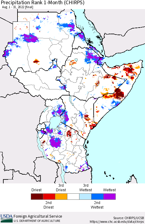 Eastern Africa Precipitation Rank since 1981, 1-Month (CHIRPS) Thematic Map For 8/1/2022 - 8/31/2022