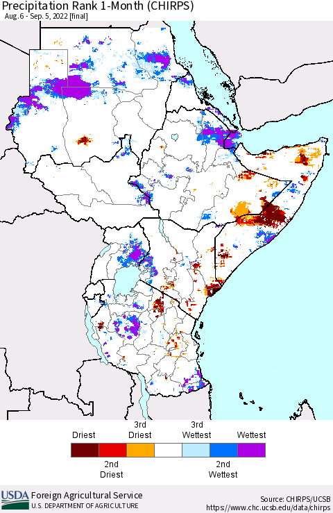 Eastern Africa Precipitation Rank since 1981, 1-Month (CHIRPS) Thematic Map For 8/6/2022 - 9/5/2022