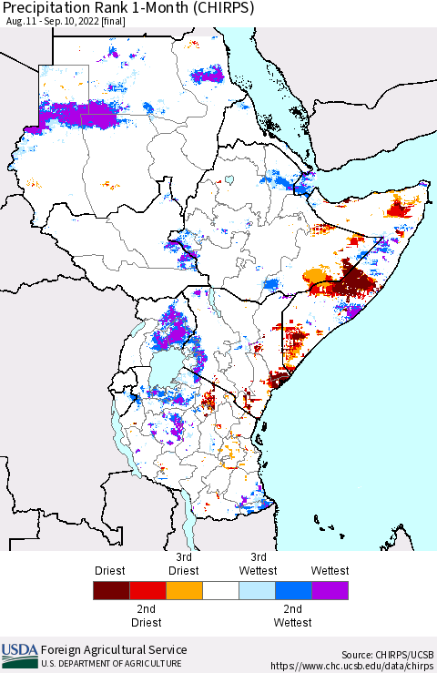 Eastern Africa Precipitation Rank since 1981, 1-Month (CHIRPS) Thematic Map For 8/11/2022 - 9/10/2022