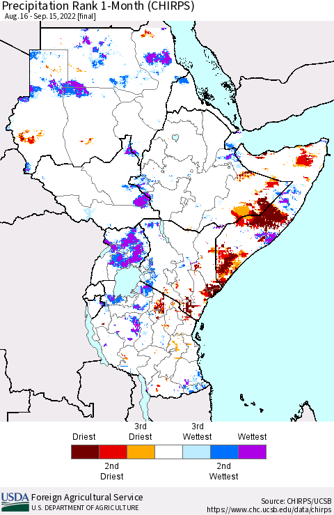 Eastern Africa Precipitation Rank since 1981, 1-Month (CHIRPS) Thematic Map For 8/16/2022 - 9/15/2022