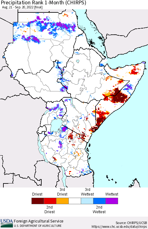 Eastern Africa Precipitation Rank since 1981, 1-Month (CHIRPS) Thematic Map For 8/21/2022 - 9/20/2022
