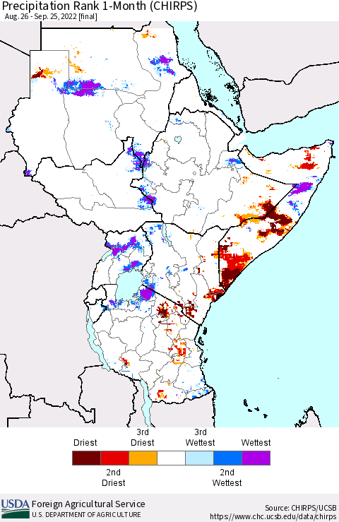 Eastern Africa Precipitation Rank since 1981, 1-Month (CHIRPS) Thematic Map For 8/26/2022 - 9/25/2022