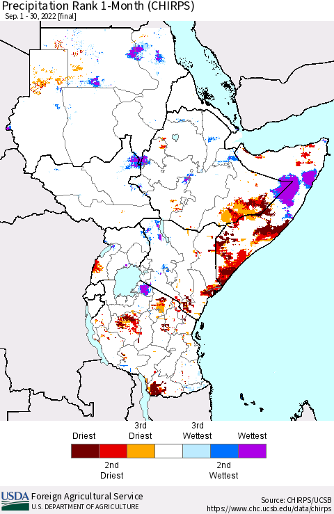 Eastern Africa Precipitation Rank since 1981, 1-Month (CHIRPS) Thematic Map For 9/1/2022 - 9/30/2022