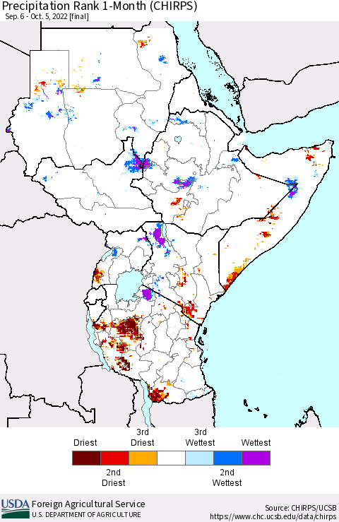 Eastern Africa Precipitation Rank since 1981, 1-Month (CHIRPS) Thematic Map For 9/6/2022 - 10/5/2022