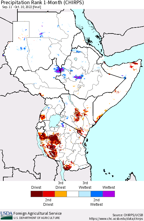 Eastern Africa Precipitation Rank since 1981, 1-Month (CHIRPS) Thematic Map For 9/11/2022 - 10/10/2022
