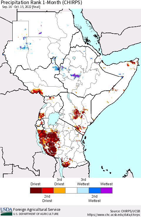 Eastern Africa Precipitation Rank since 1981, 1-Month (CHIRPS) Thematic Map For 9/16/2022 - 10/15/2022