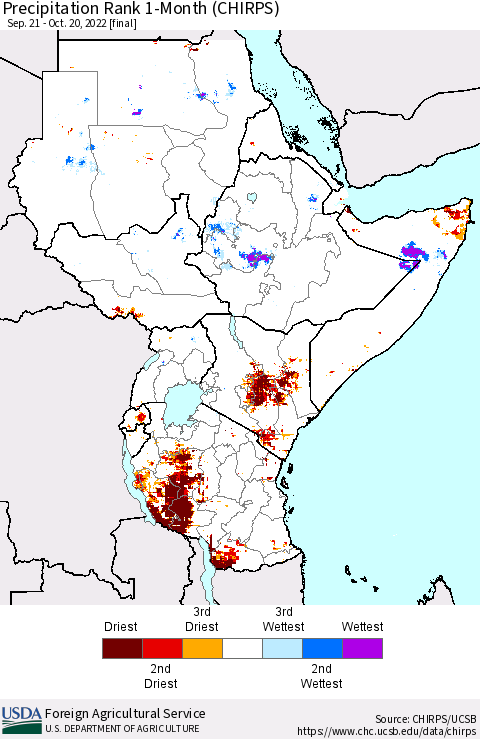 Eastern Africa Precipitation Rank since 1981, 1-Month (CHIRPS) Thematic Map For 9/21/2022 - 10/20/2022