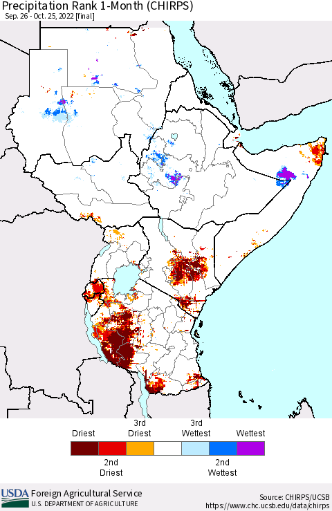 Eastern Africa Precipitation Rank since 1981, 1-Month (CHIRPS) Thematic Map For 9/26/2022 - 10/25/2022