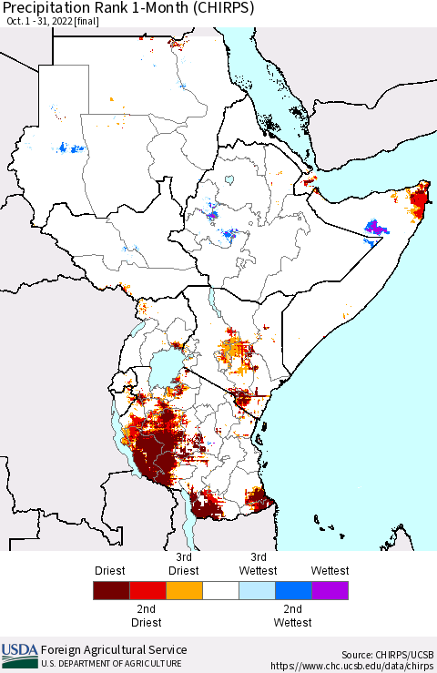 Eastern Africa Precipitation Rank since 1981, 1-Month (CHIRPS) Thematic Map For 10/1/2022 - 10/31/2022