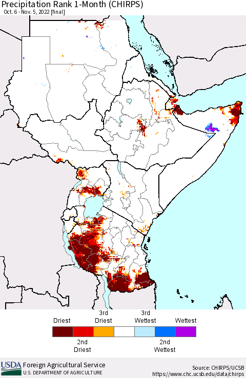 Eastern Africa Precipitation Rank since 1981, 1-Month (CHIRPS) Thematic Map For 10/6/2022 - 11/5/2022