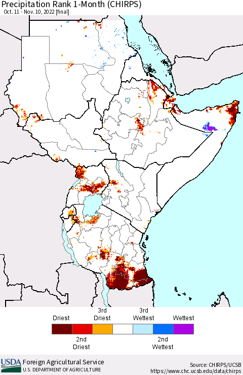 Eastern Africa Precipitation Rank since 1981, 1-Month (CHIRPS) Thematic Map For 10/11/2022 - 11/10/2022