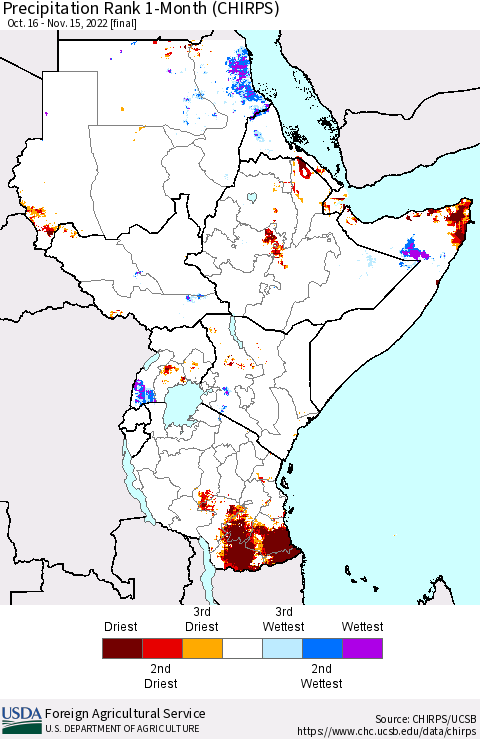 Eastern Africa Precipitation Rank since 1981, 1-Month (CHIRPS) Thematic Map For 10/16/2022 - 11/15/2022